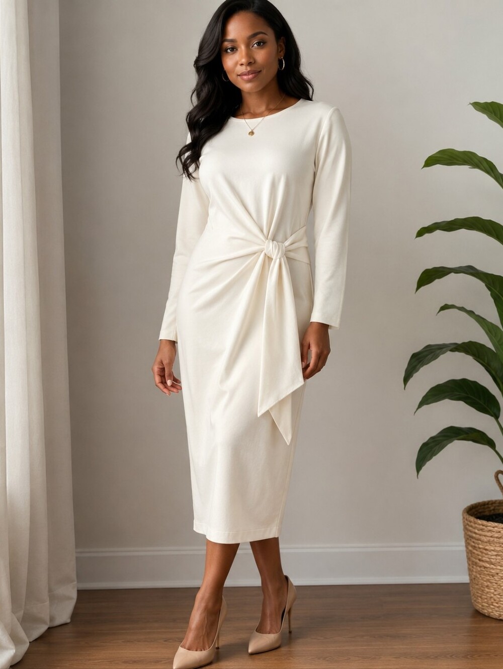 Nordstrom Cream Long Sleeve Midi Dress with Side Tie
